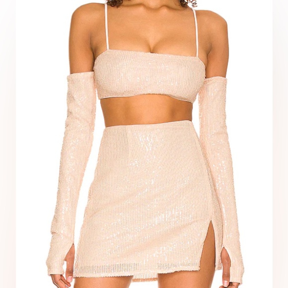 NBD Jolene Top in Nude - sequin crop bra top with detached sleeves